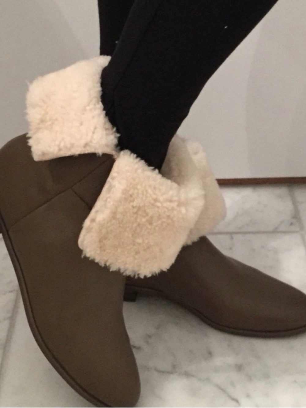 kate spade Taupe Leather Ankle Boots with Cream Shearling Cuff